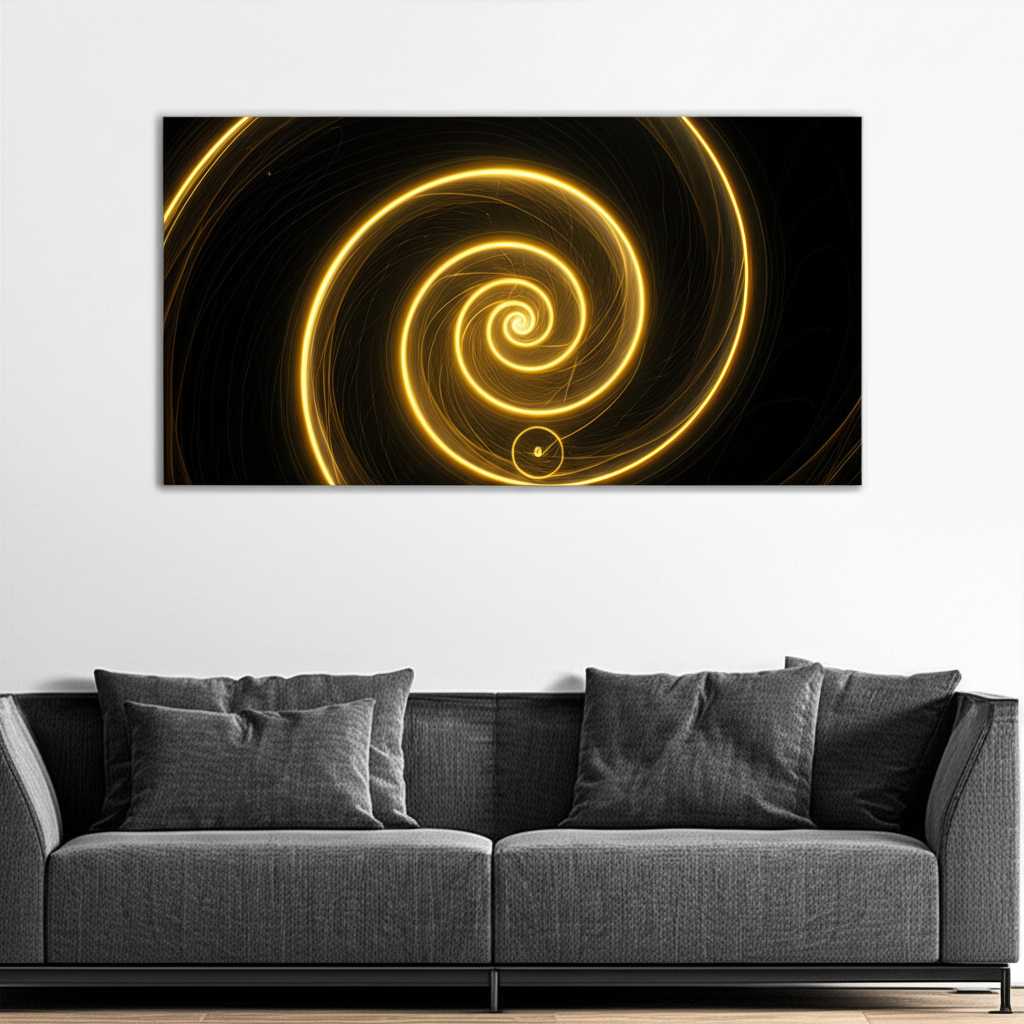 A sophisticated living room with a large, abstract metal art print hanging above a sleek sofa. Faint, elegant golden lines subtly trace the Golden Ratio spiral, originating from the artwork's visual center, demonstrating perfect placement.