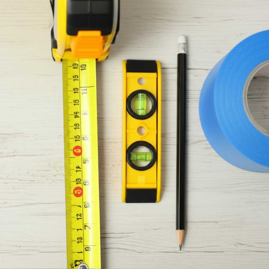 Alt: A flat lay of essential art hanging tools like a tape measure, pencil, level, and painter's tape on a clean background.