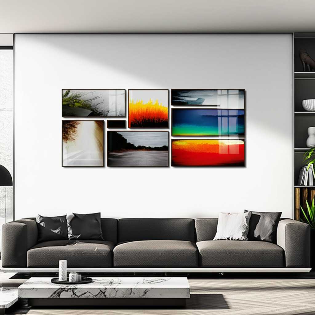 A stunning living room with a large, expertly curated gallery wall of various-sized metal prints above a sleek, modern sofa.