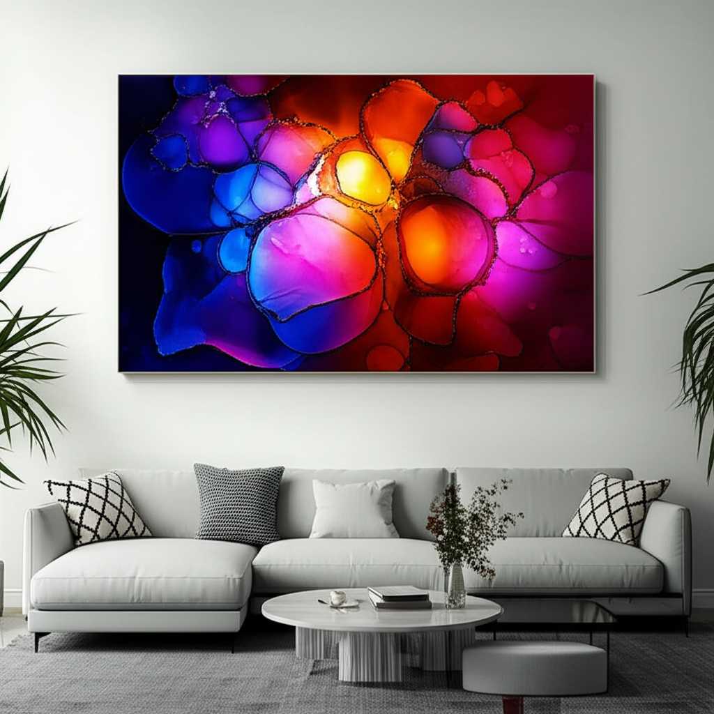 A vibrant, abstract artwork on a sleek metal surface, with swirls of color that seem to lift off the print. The art hangs in a modern, minimalist living room, casting a colorful glow.