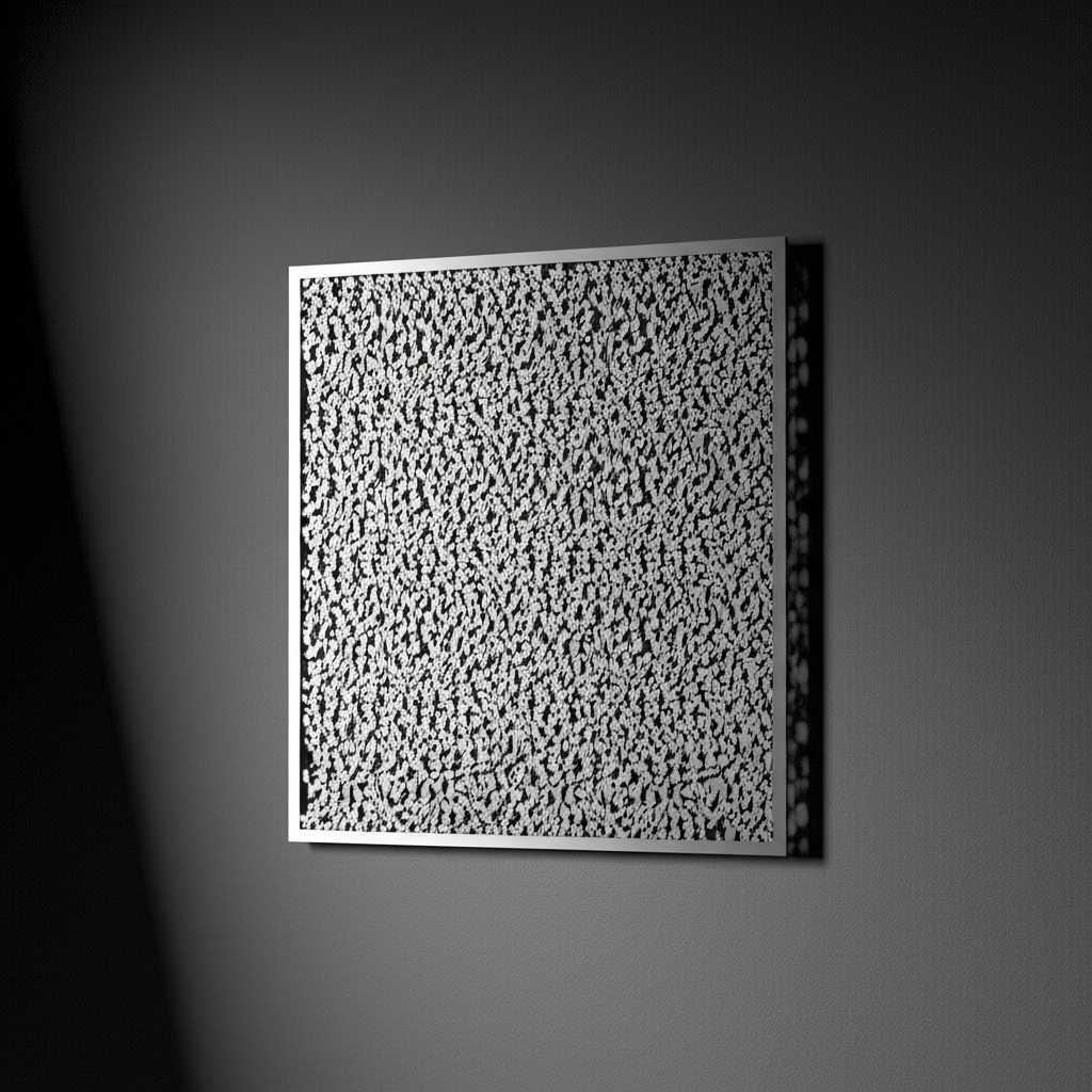 A piece of metal art with a noticeable textured surface and glossy finish hanging on a dark wall, artfully lit from the side by a spotlight, emphasizing its texture and sheen.