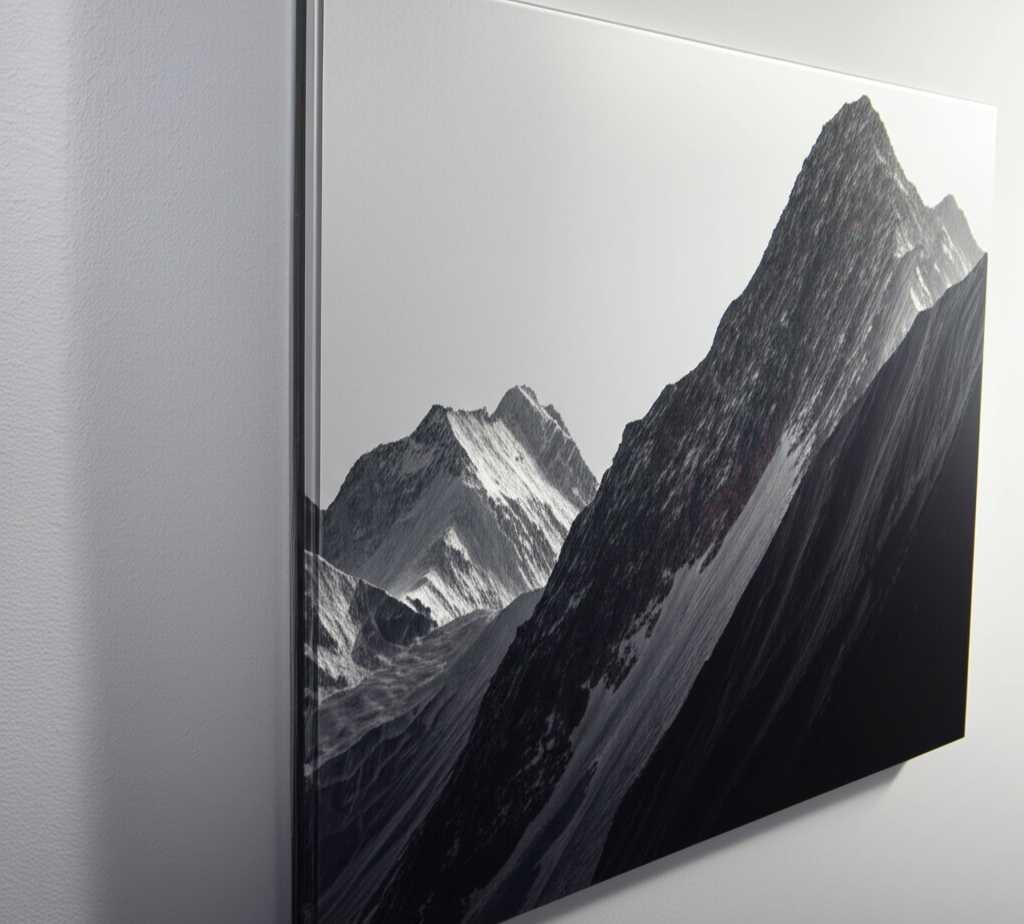 Dramatic side-lighting on a textured metal print depicting a landscape, emphasizing the tactile surface and interplay of light and shadow across the image.