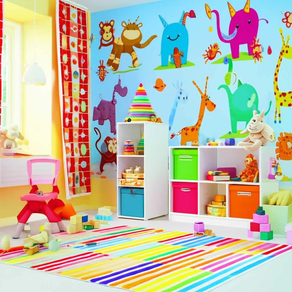 Tastefully decorated child's room with a colorful, imaginative (but generic) metal art piece safely mounted high on the wall.