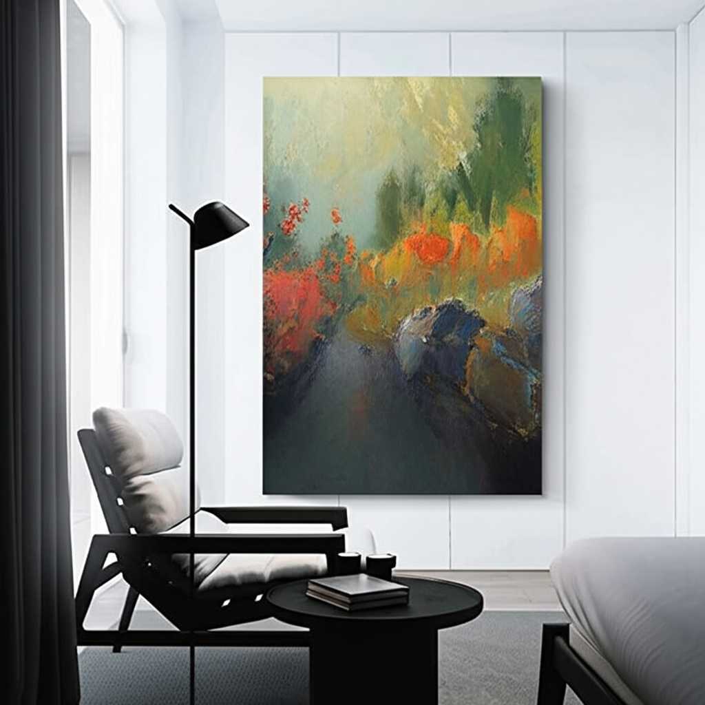 A beautifully lit modern living room scene where a generic Impressionist-style landscape on a sleek metal panel is the focal point. Sunlight from a window gently kisses the surface of the print, highlighting its vibrant colors and subtle sheen. No specific brand visible.