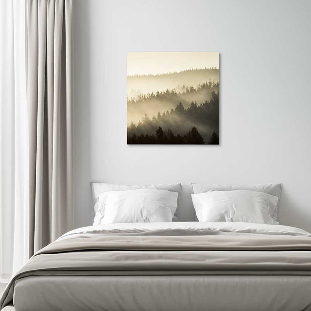 A calming nature photo on metal, such as a misty forest, hung on the wall in a bedroom, catching the soft morning light from a window.