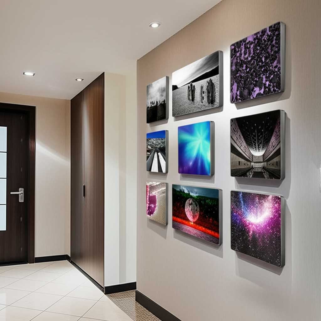 Gallery Wall of Metal Prints in Hallway