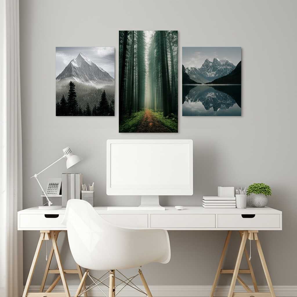 A stylish home office with a triptych of metal art prints featuring inspiring nature scenes above a clean desk. The room is well-lit and organized.