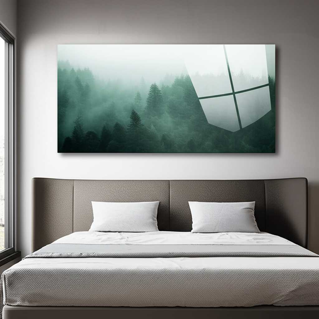 A cozy bedroom with a serene, large-scale nature photograph printed on metal hanging above the headboard, creating a peaceful focal point.