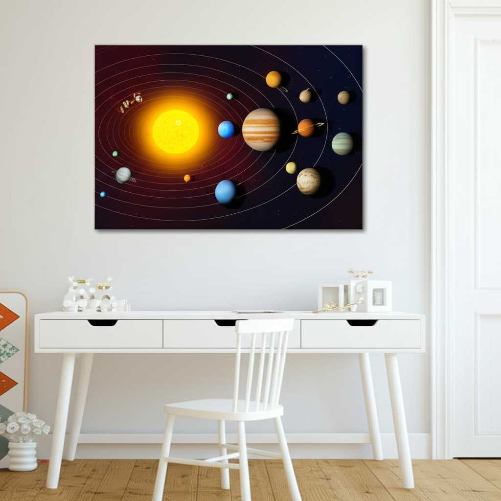 A stylish and educational child's room featuring a large, colorful metal print of the solar system securely mounted on the wall above a desk.