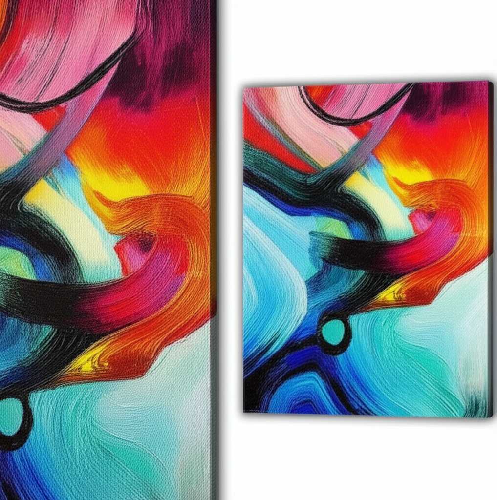 A side-by-side comparison of a generic, colorful abstract artwork printed on metal and on canvas, highlighting the vibrancy and sharpness of metal.