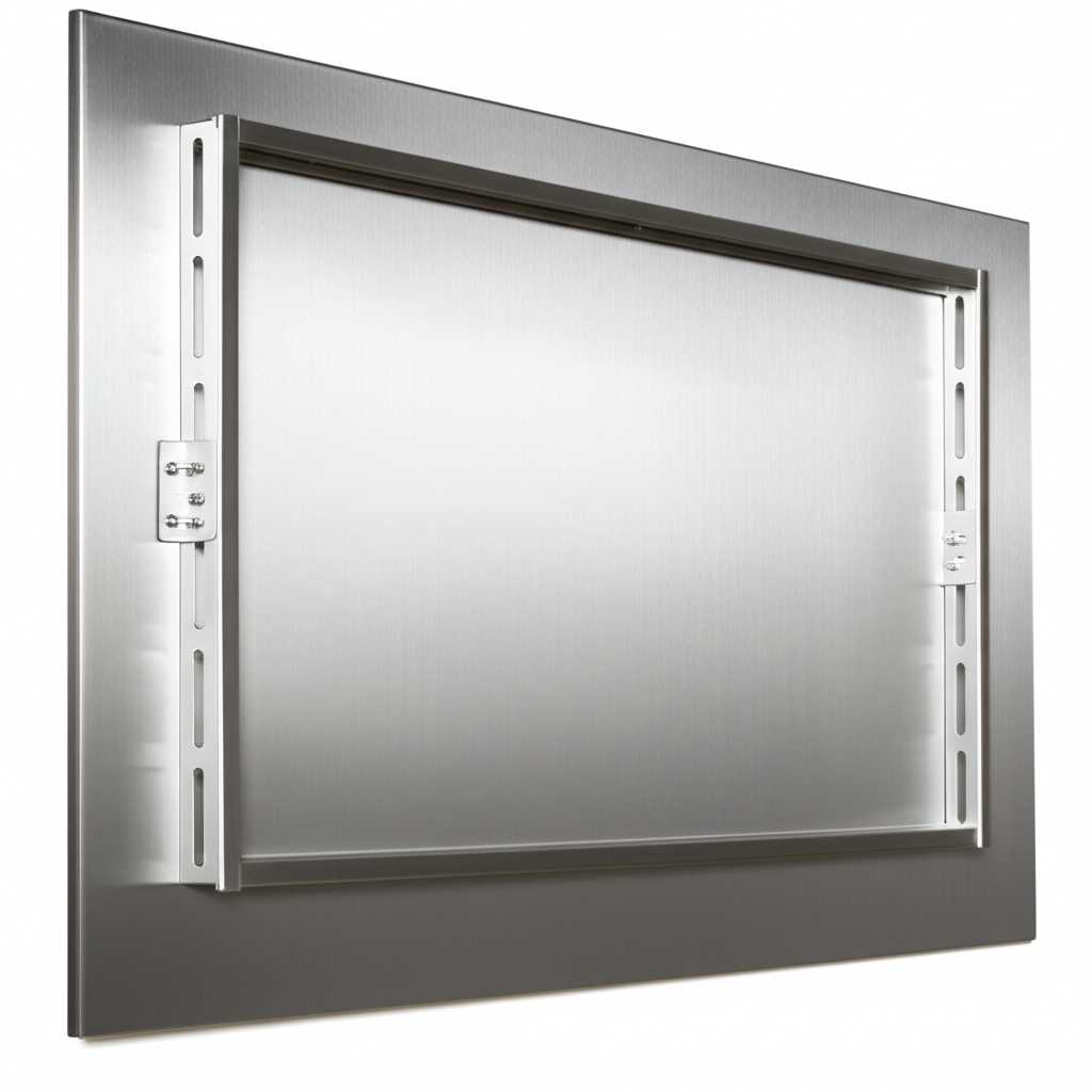 An illustrative close-up of a generic "float mount" style hanging mechanism on the back of a metal panel, demonstrating how it creates space between the art and the wall.