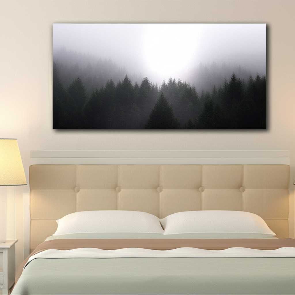 A serene landscape photo on a metal print hanging above a neatly made bed in a tranquil bedroom.