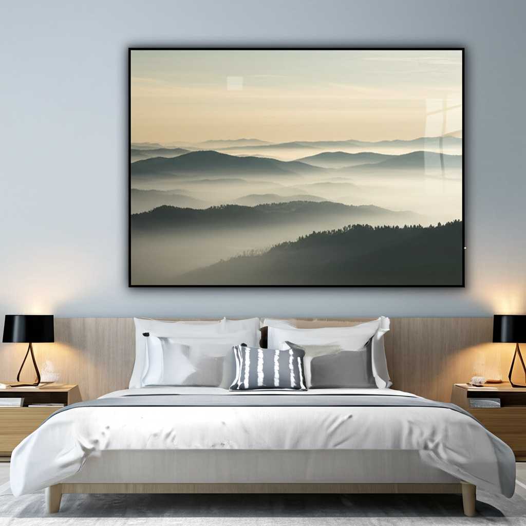 Modern minimalist bedroom with a large serene landscape metal print above the bed