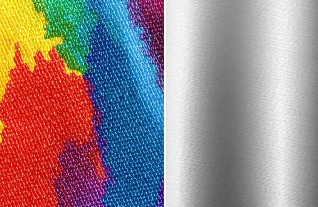 A split-screen style image showing the contrast. On the left, a close-up of a printed canvas with its visible weave texture. On the right, the same color on a perfectly smooth, high-gloss metal surface that reflects light beautifully.