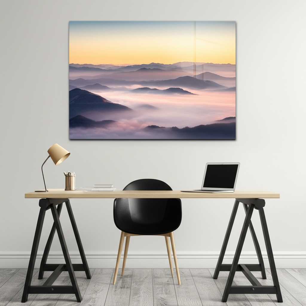 A chic and modern home office where a large, hyper-realistic photo of a misty mountain range is printed on a metal panel. The print's sharp detail and glossy finish make it feel like a window to another world, creating an inspiring atmosphere.