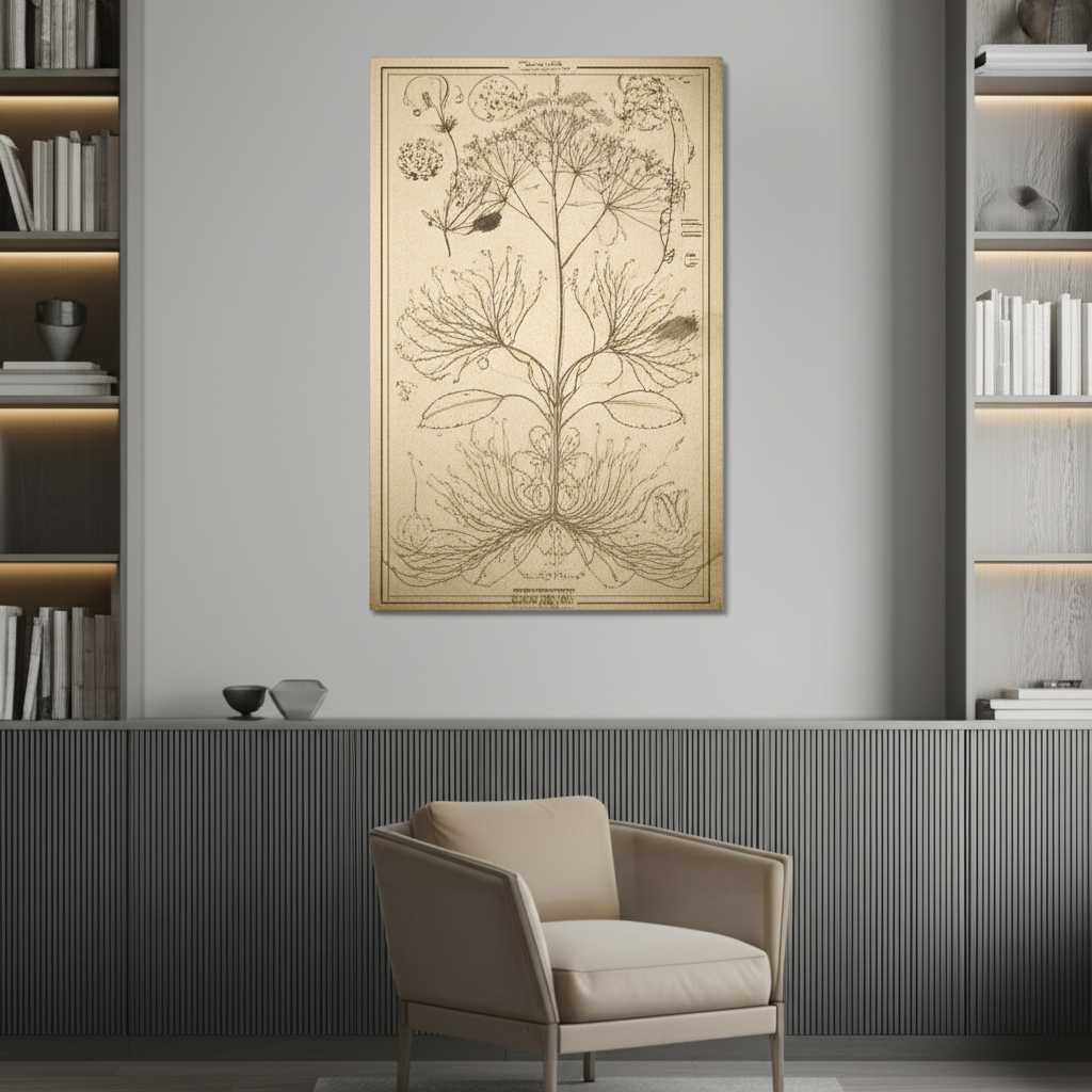 A serene, minimalist study featuring a large, educational metal print of a stylized botanical illustration, demonstrating art as a sophisticated learning tool.