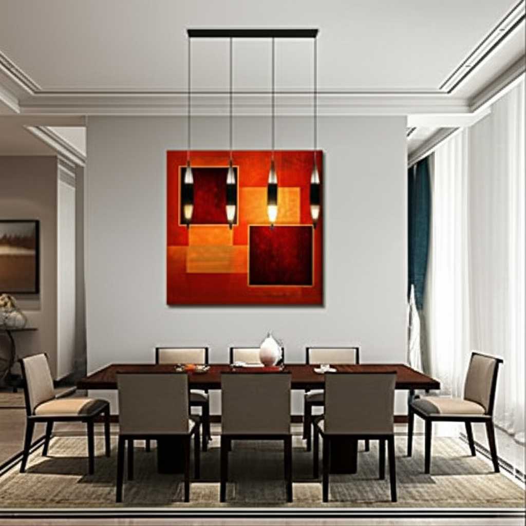 An elegant dining room featuring a dynamic abstract metal art piece in warm, inviting colors on the main wall, enhancing the room's sophisticated ambiance.