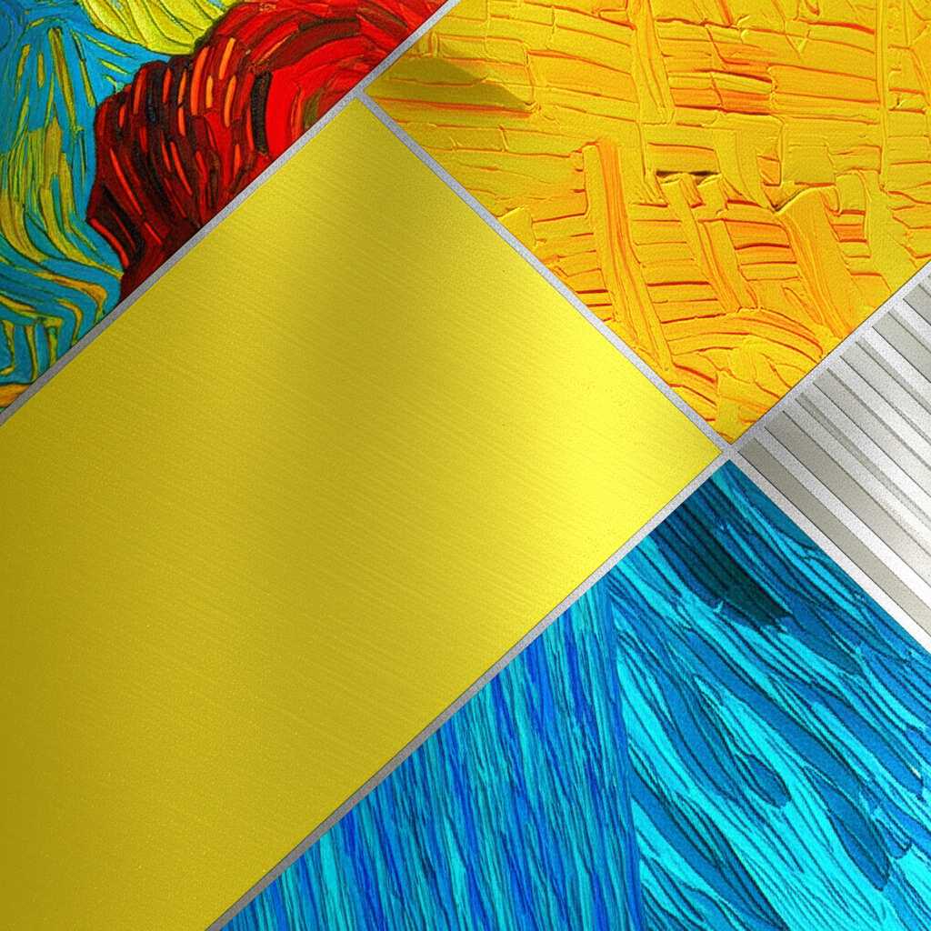 A conceptual collage subtly hinting at different art styles—a swirl of color for Impressionism, a bold geometric shape for Abstract, a bright, graphic element for Pop Art—all unified by an underlying metallic texture or sheen.