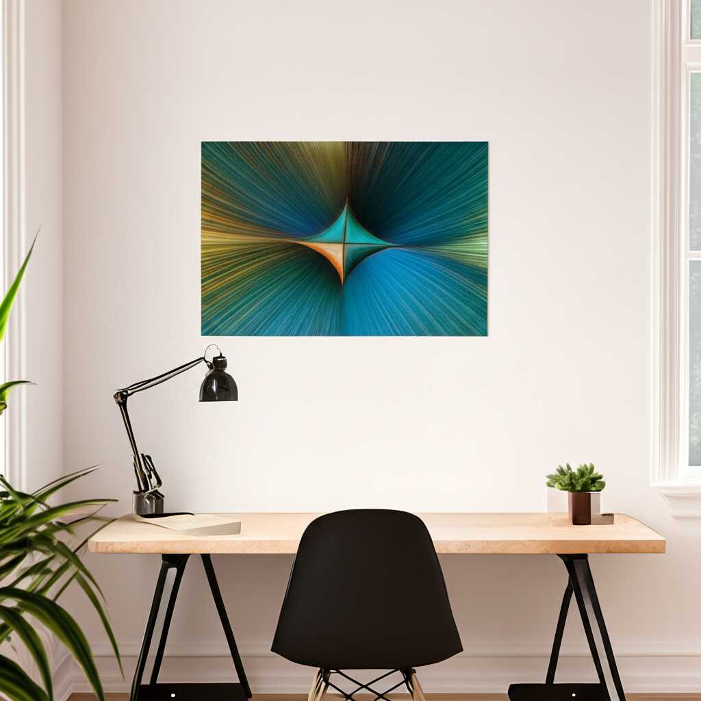 A stylish home office setup where a vibrant, abstract metal art print is hung above a desk, complementing the modern furniture and accessories, creating an inspiring workspace.