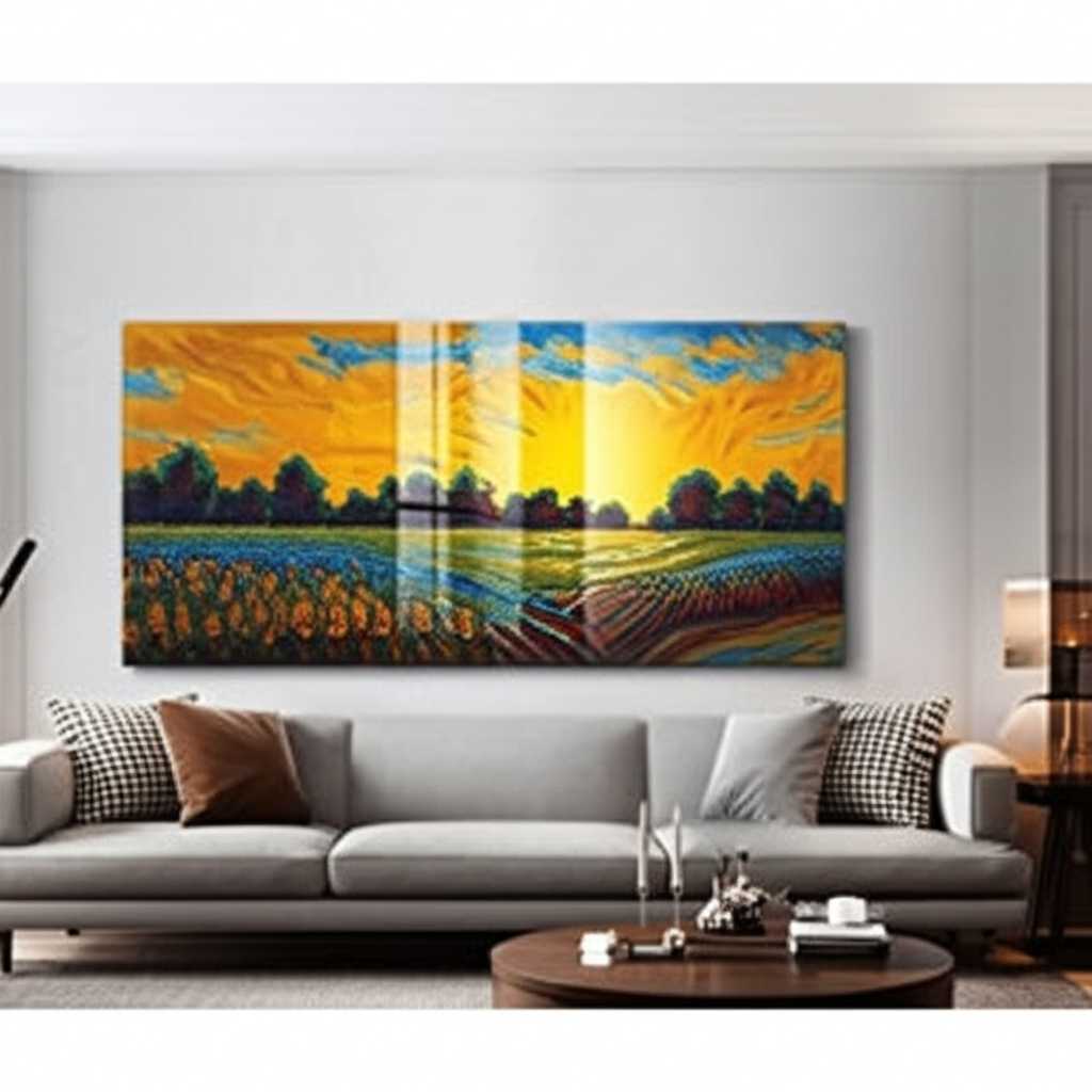 Modern living room with a prominent Impressionist-style metal art print above a minimalist sofa, showcasing vibrant colors and a sleek finish.