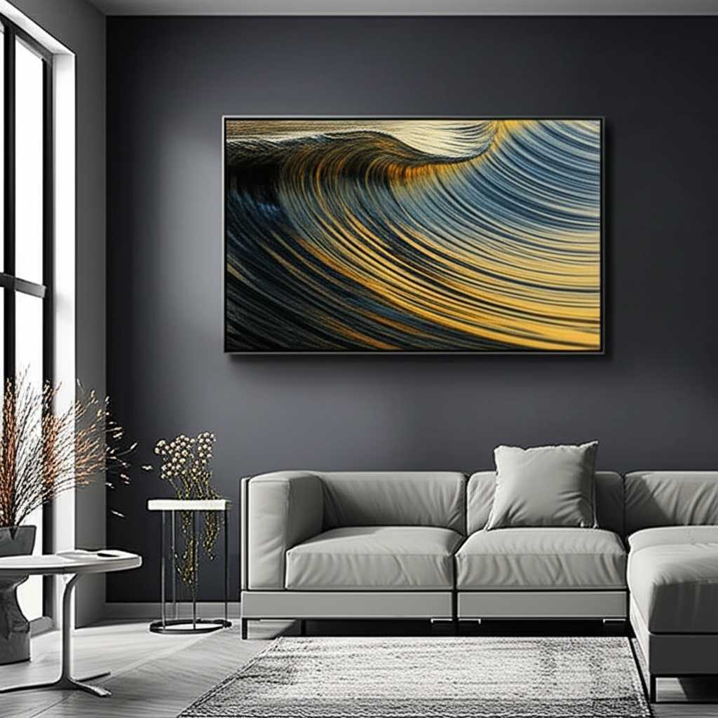 A stunning living room where a large, glossy metal print of an abstract ocean wave hangs on a charcoal gray wall. Afternoon light from a large window streams in, catching the print's surface and creating a beautiful, dynamic sheen that highlights its texture.