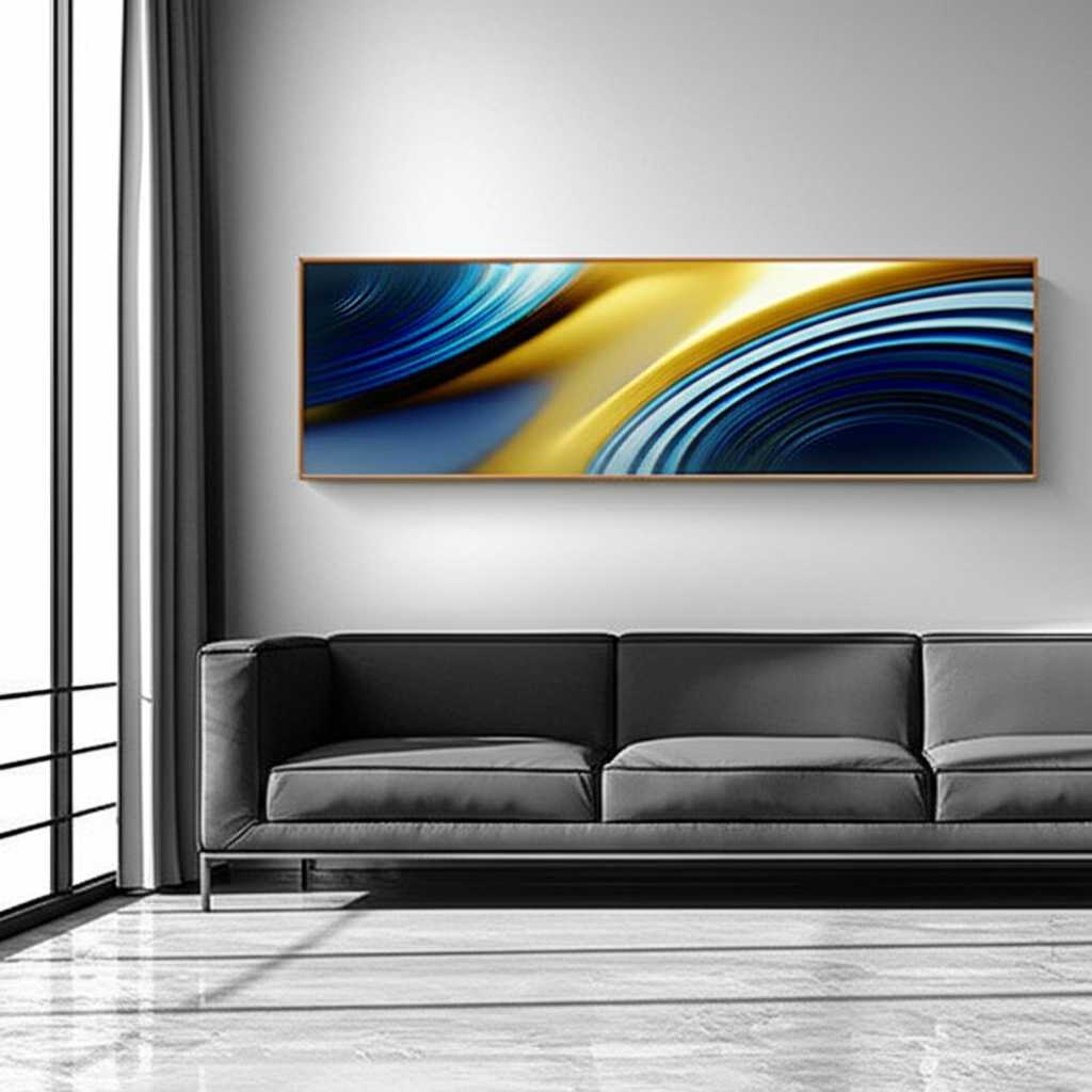 A breathtaking, oversized abstract metal art piece hanging above a sleek, low-profile sofa in a modern minimalist living room.