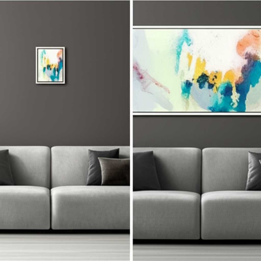 A diagram or illustration contrasting a too-small art piece above a sofa with a perfectly scaled art piece, demonstrating visual balance.