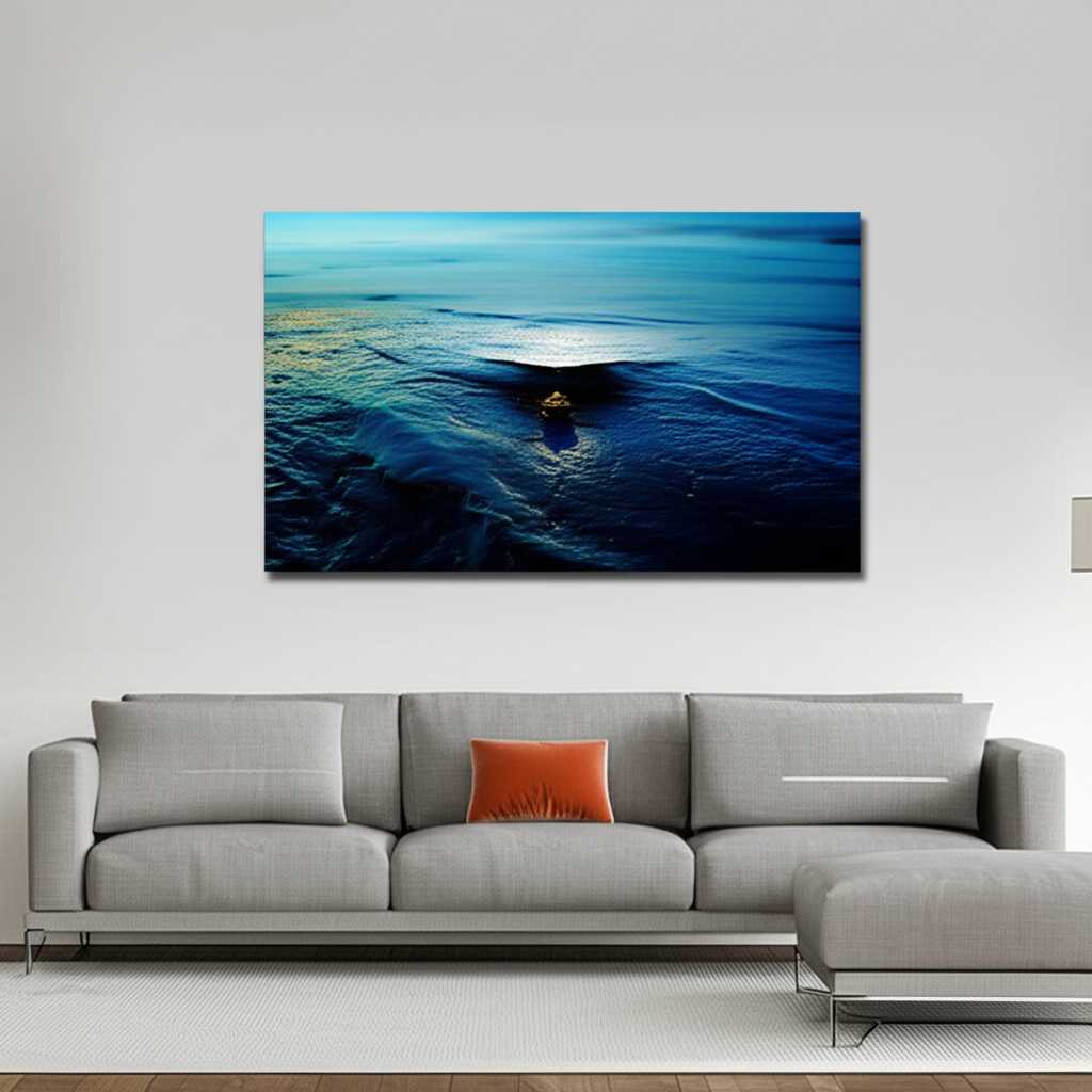 Elegant living room with a large, generic landscape metal print above a minimalist sofa
