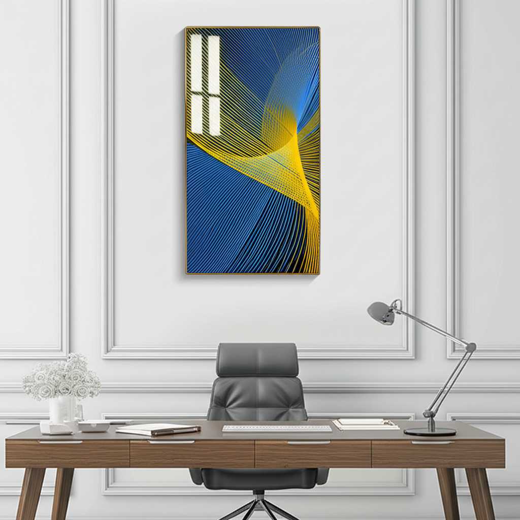 Modern home office with abstract metal artwork