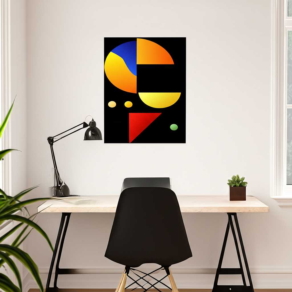 A modern interior inspired by the Bauhaus movement, featuring furniture with clean geometric lines, primary colors (red, blue, yellow), and a prominent abstract metal art piece on the wall that reflects the style of a Kandinsky painting.