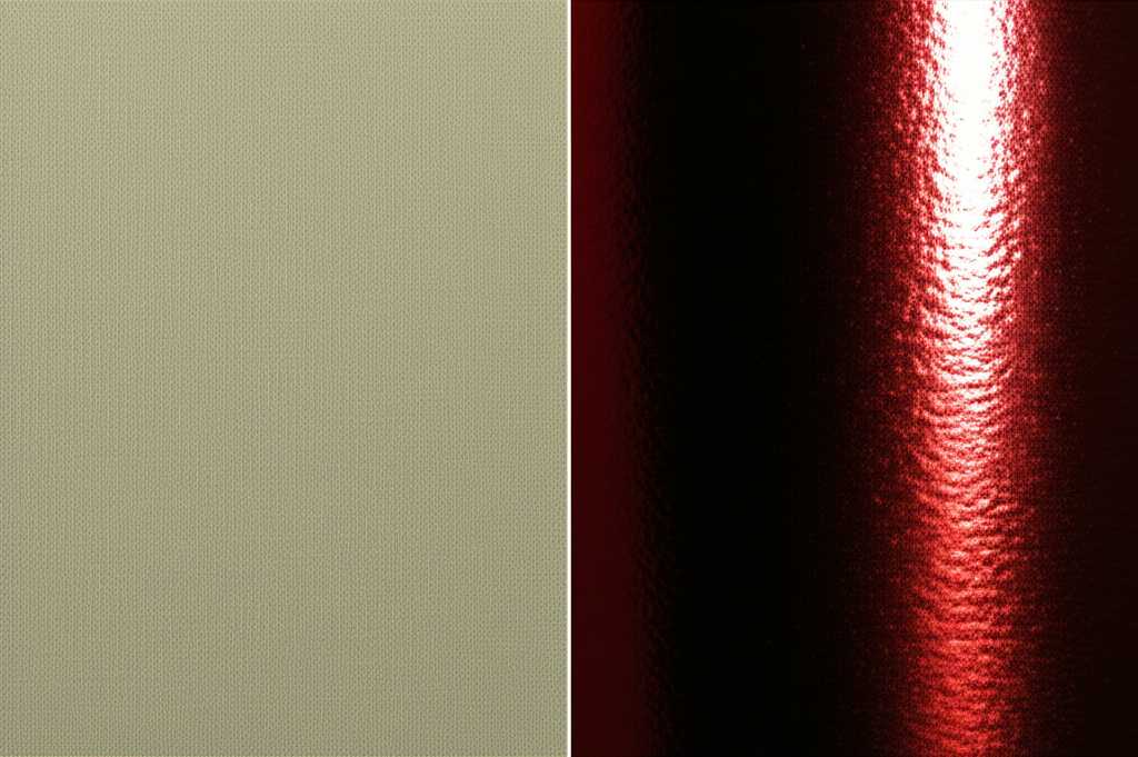 A conceptual side-by-side comparison: on one side, a close-up of traditional canvas texture with slightly muted colors; on the other, a sleek, vibrant metal surface with a hint of texture and a glossy sheen reflecting light.