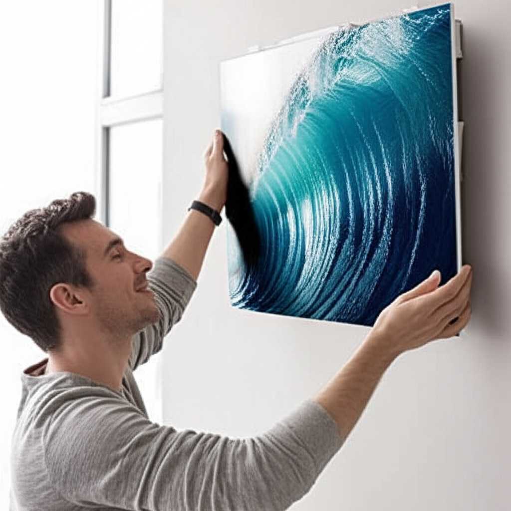 A person carefully placing a beautiful metal art print of a seascape onto its wall mount. The person is smiling, clearly satisfied with the result.