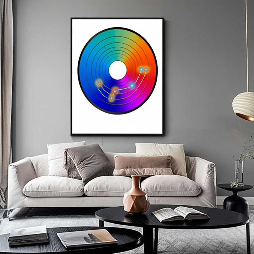 A color wheel superimposed over a stylish living room scene, with lines connecting colors on the wheel to accent pillows, decor items, and a prominent metal print on the wall.