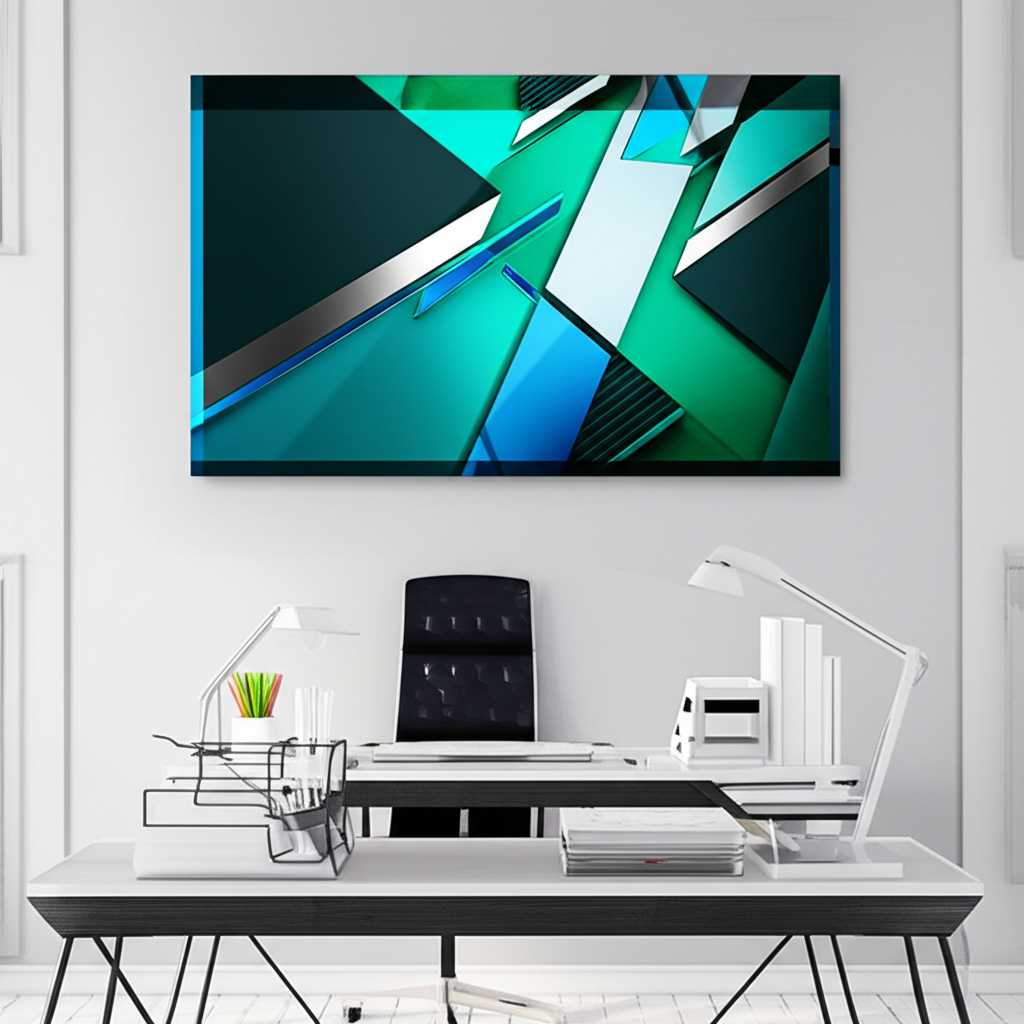 Stylish home office with an inspiring geometric abstract metal print behind the desk, fostering a productive atmosphere
