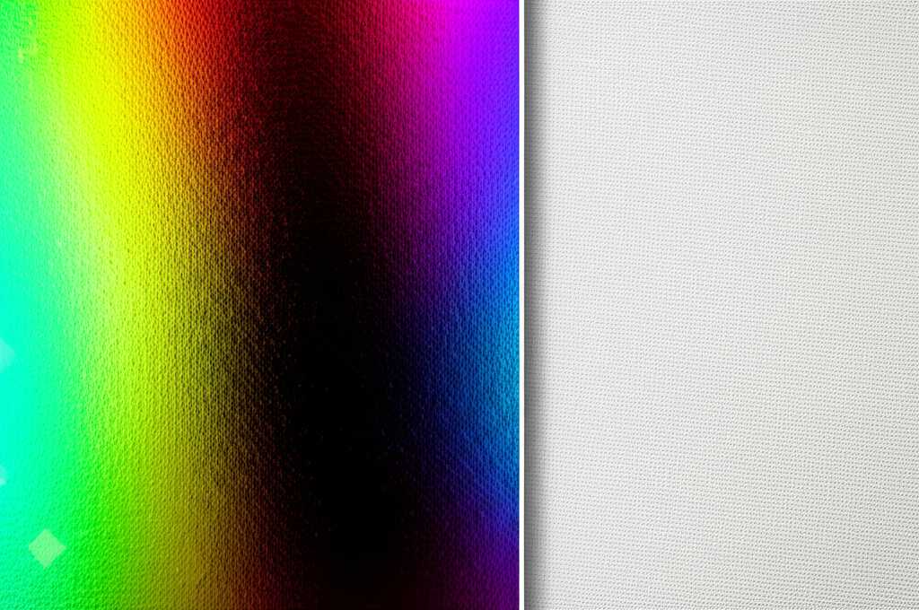 Split image: left side shows a vibrant, glossy detail of a generic metal print; right side shows a detail of a traditional matte canvas print. No specific art, just material qualities.