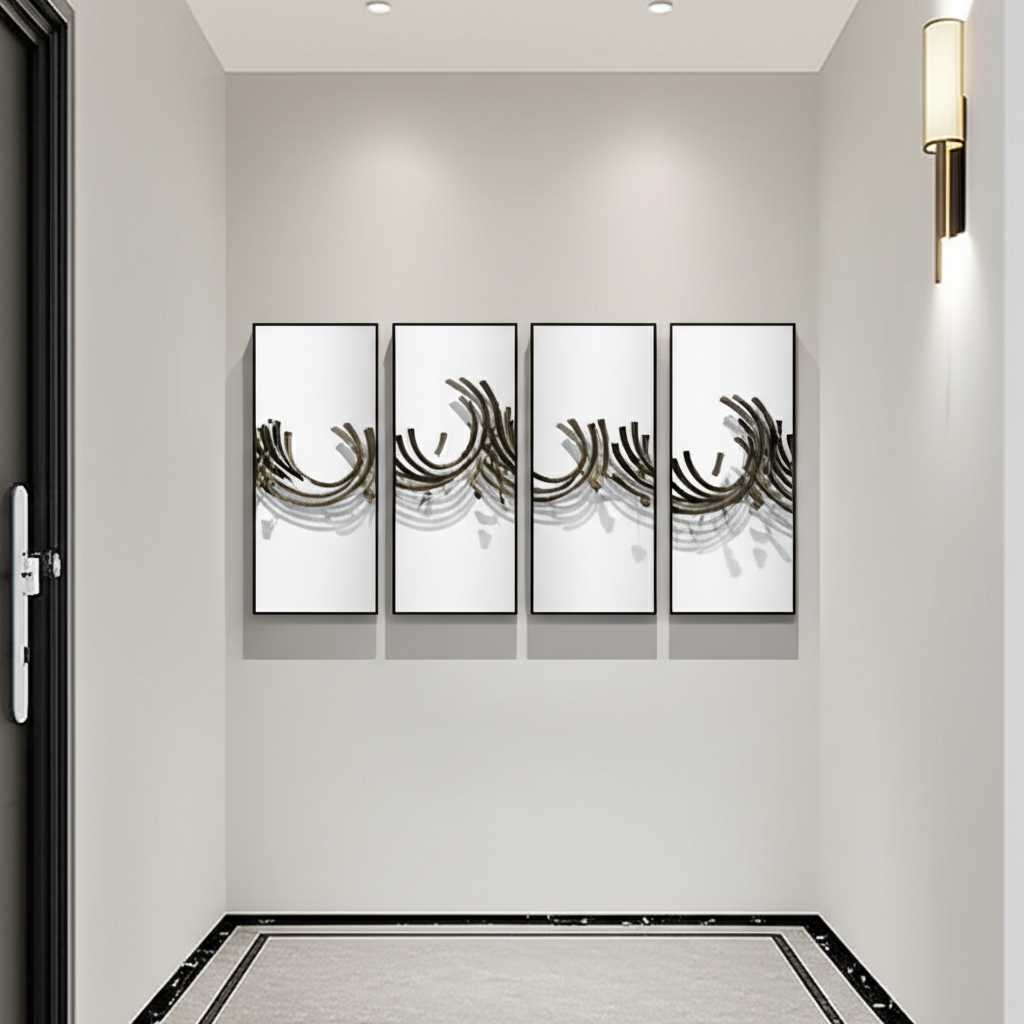 Stylish entryway with metal art triptych