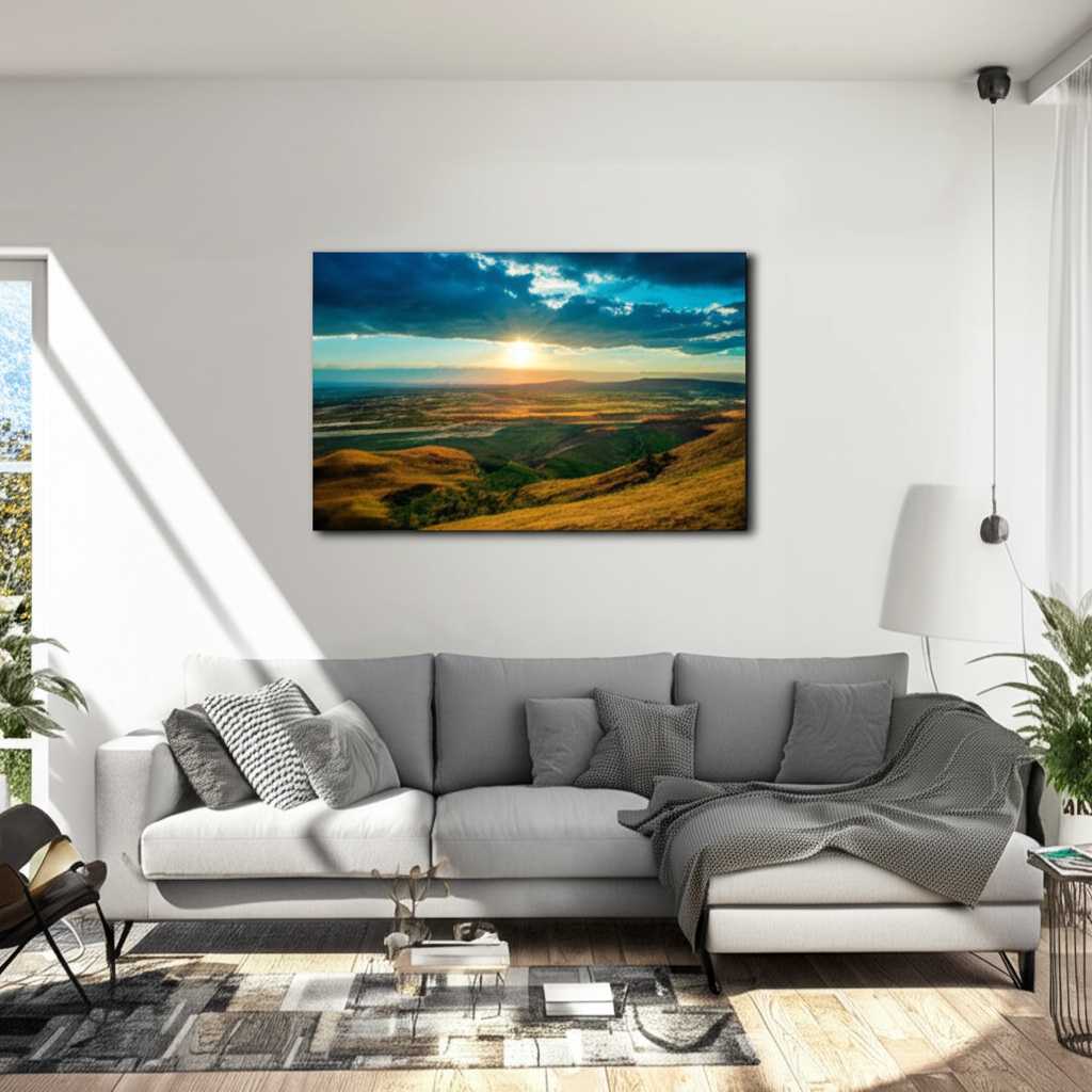 Modern living room with large metal print