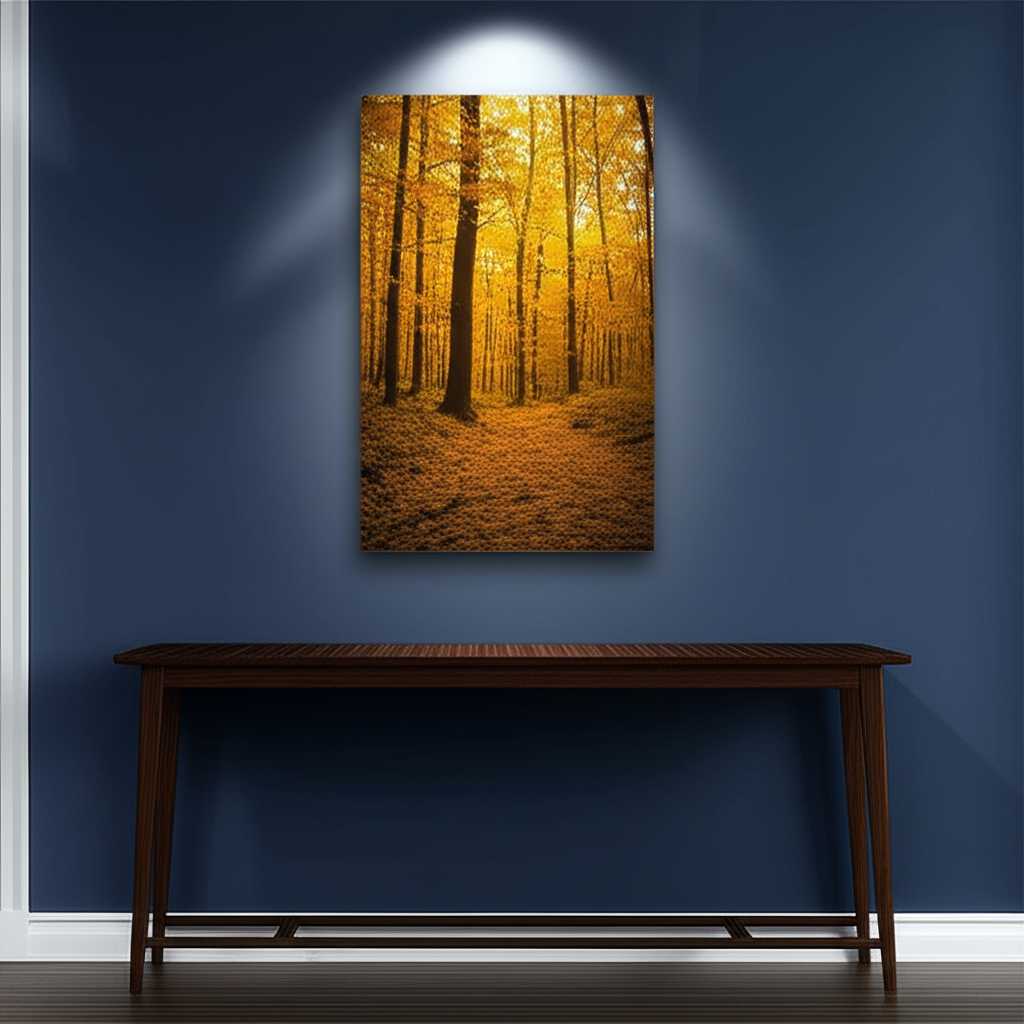 A perfectly styled living room vignette showing a metal art piece hanging above a console table. An adjustable spotlight from the ceiling is angled down at the art, illuminating it without glare, and highlighting its texture.