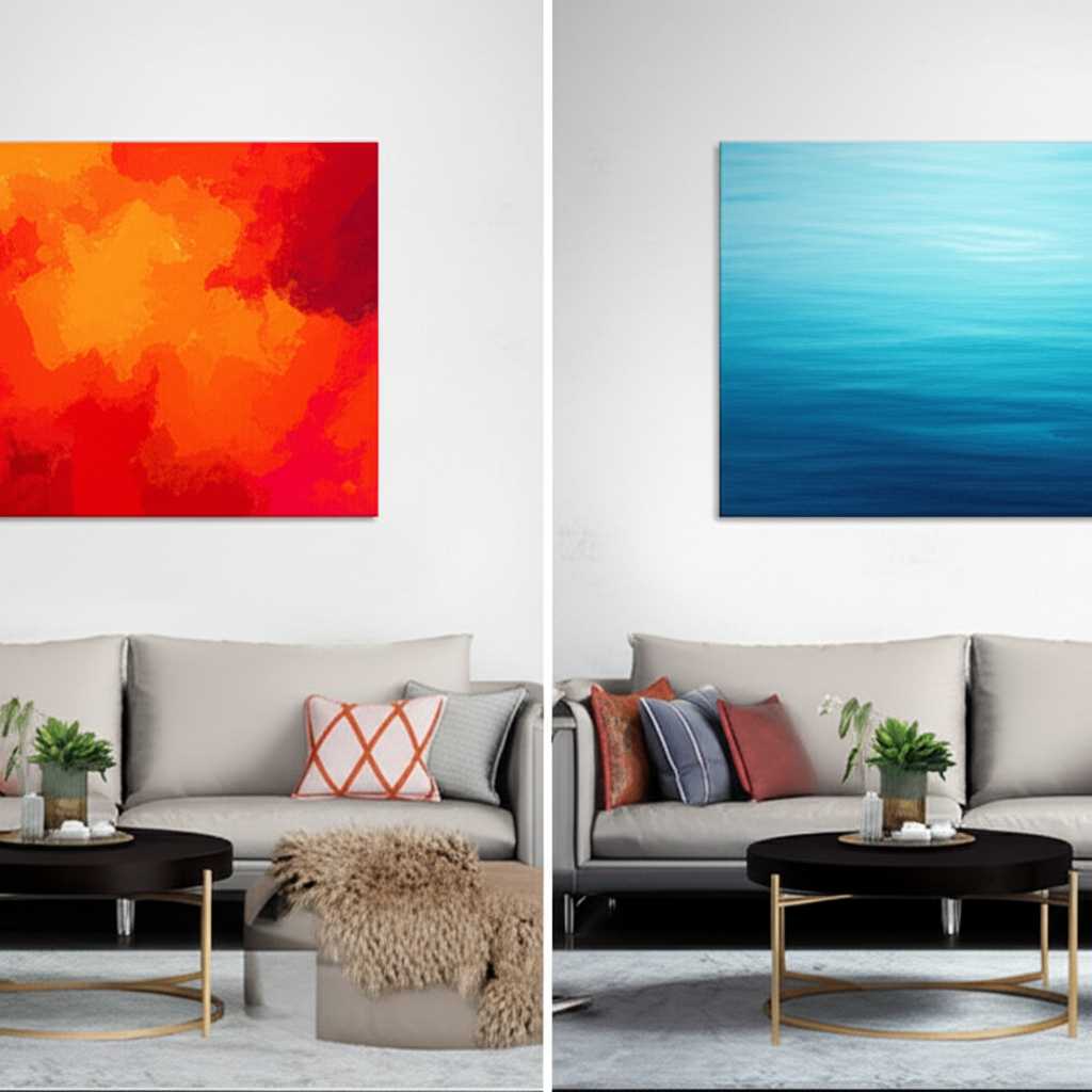 A split-screen image. On the left, a vibrant red abstract painting in a room feels energetic and close. On the right, a serene blue landscape painting in the same room feels calm and distant.
