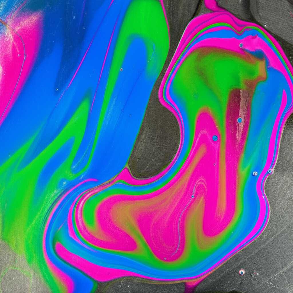 Vibrant abstract colors swirling on a sleek, subtly textured metallic surface, light reflecting to suggest a glossy sheen, creating a sense of depth and energy.