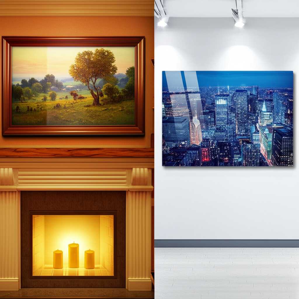 A split-screen style image showing a classic canvas print in a rustic room on one side, and a sleek metal print in a modern, minimalist room on the other.
