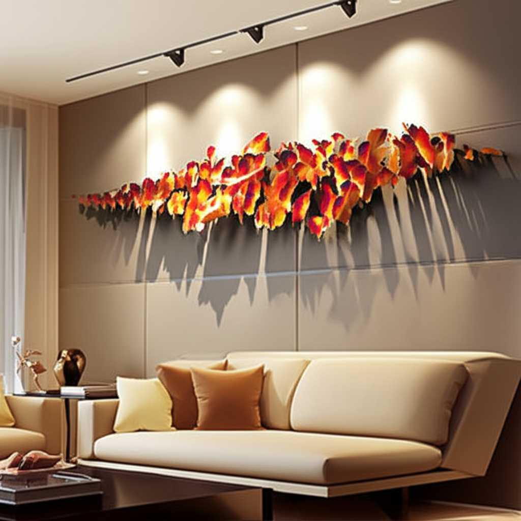 Abstract metal art piece glowing on a modern living room wall