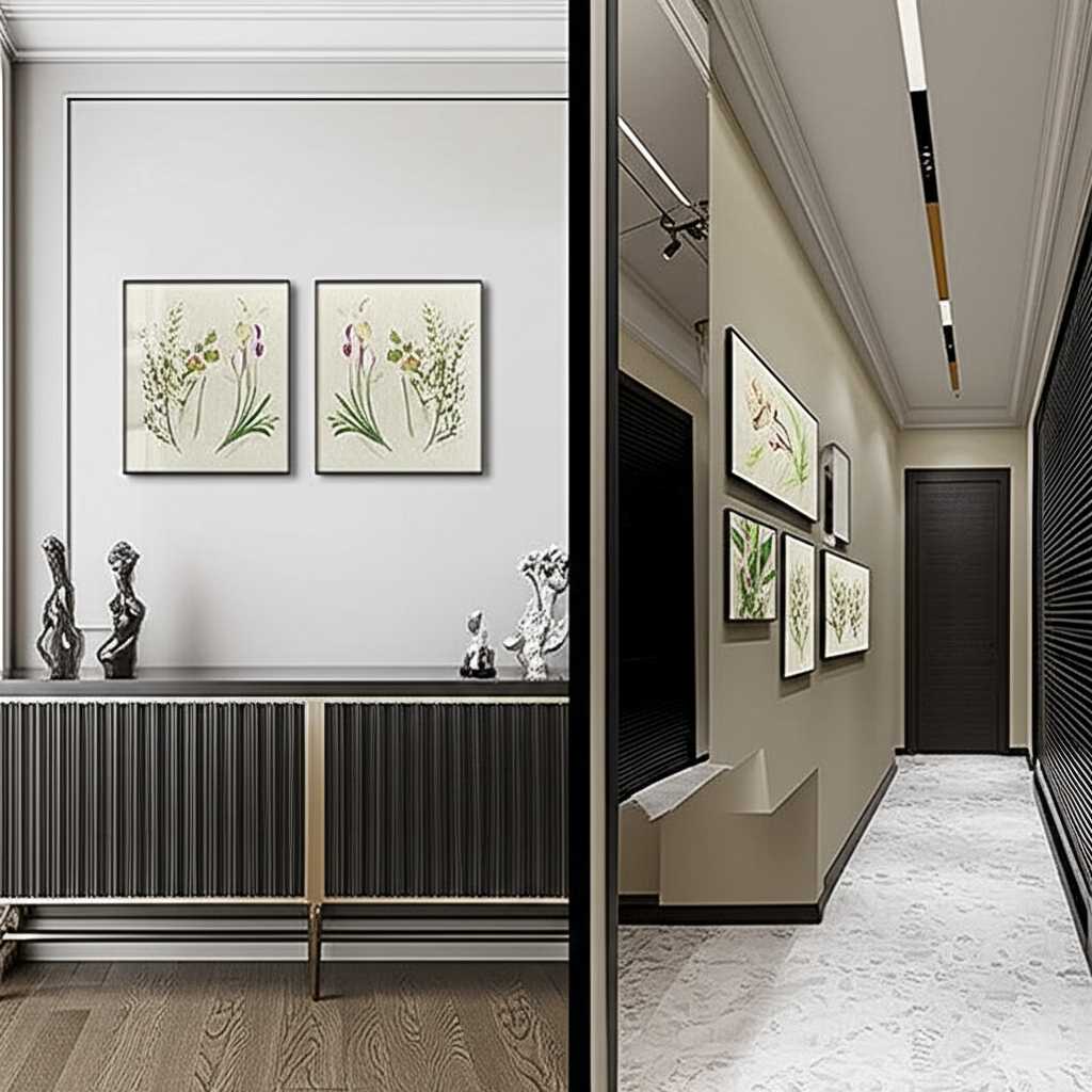 Two contrasting wall arrangements: one perfectly symmetrical with identical metal prints, the other asymmetrically balanced with different sized metal prints.