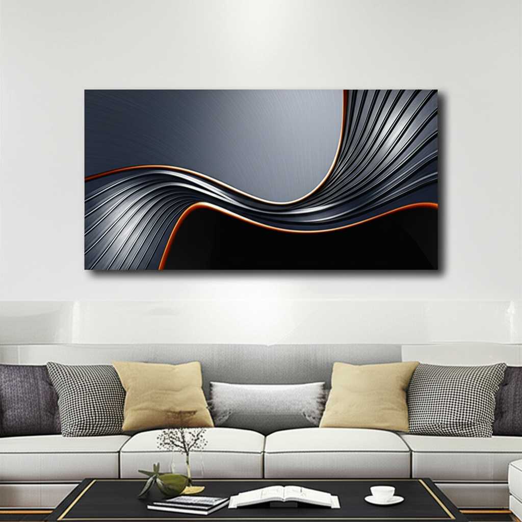 A chic living room where a large, compelling generic abstract metal art piece is mounted above a minimalist sofa, acting as the undeniable focal point of the room.