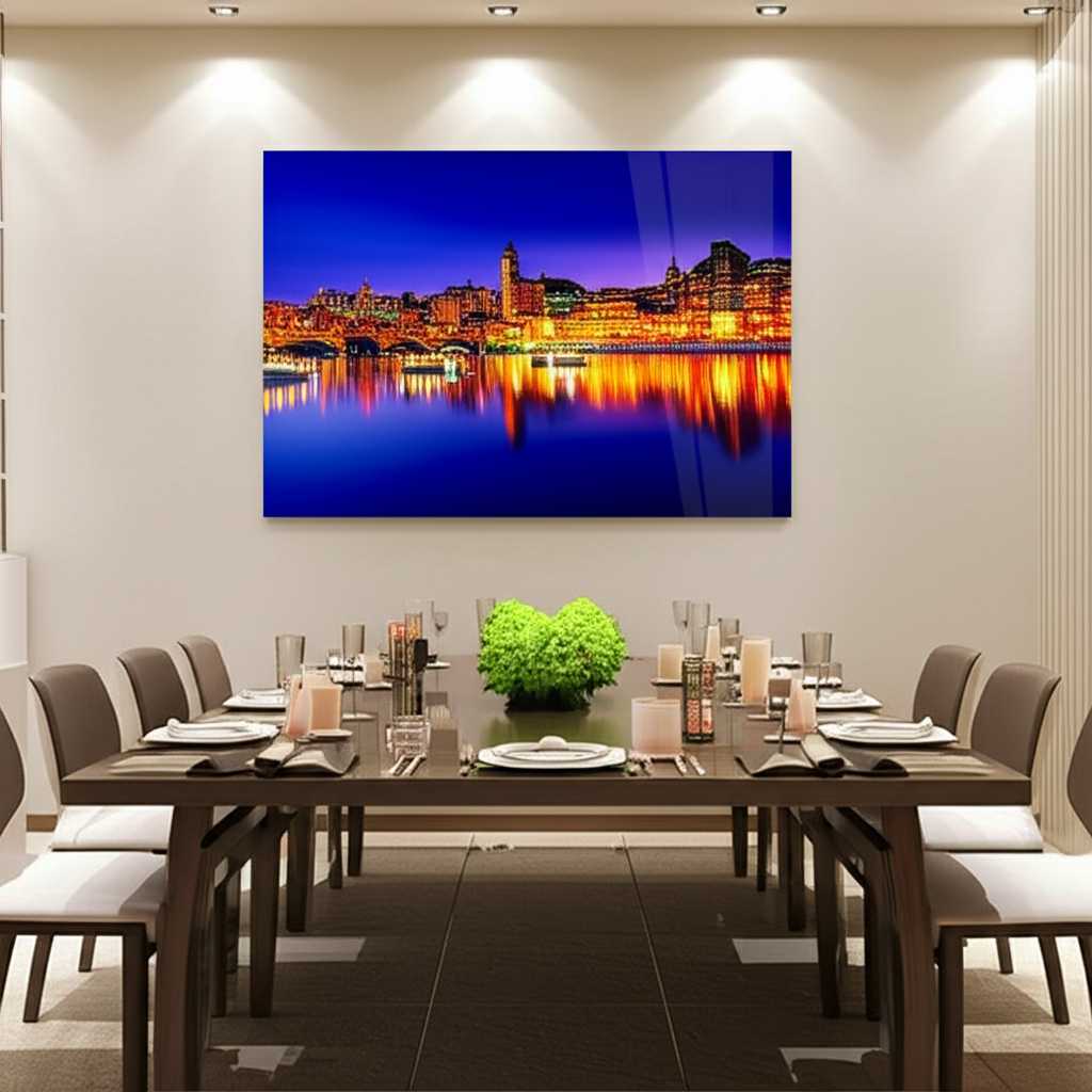 A stylish dining room where a vibrant, large-format metal print of an abstract cityscape acts as a stunning focal point.