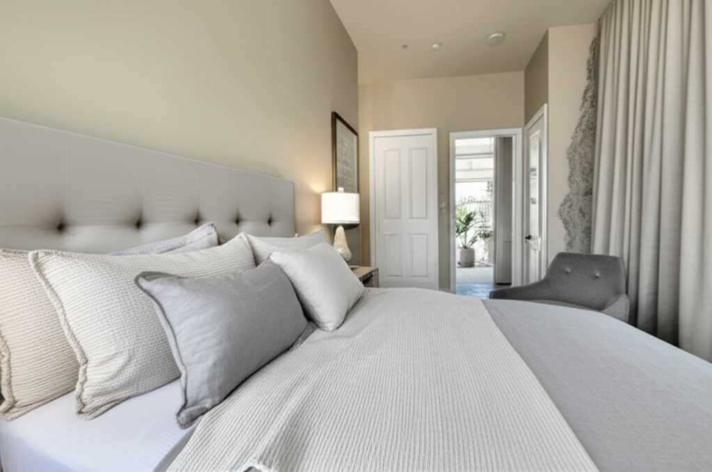 A serene bedroom with a large metal print of a tranquil blue and green ocean scene above the bed.