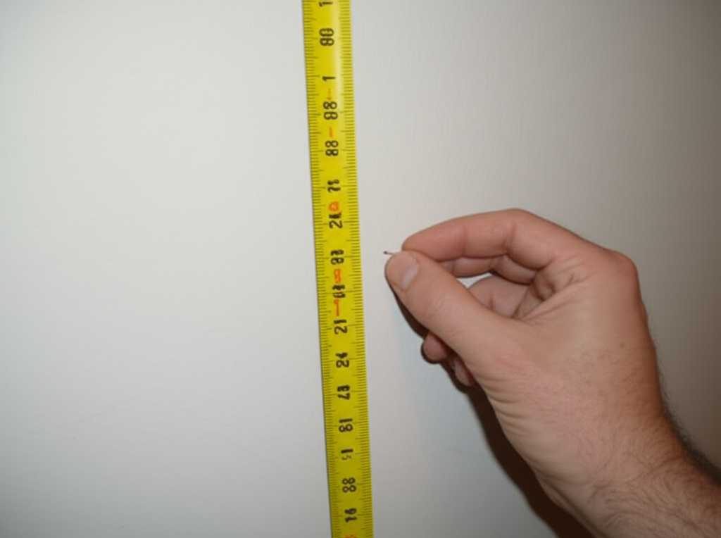 A measuring tape held against a wall, with a light pencil mark at the 58-inch point, demonstrating the eye-level hanging rule.