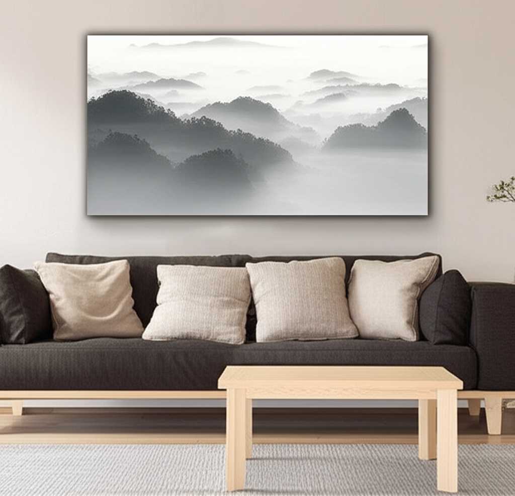 A minimalist living room featuring a large, horizontal metal print of a misty mountain range above a clean-lined sofa.