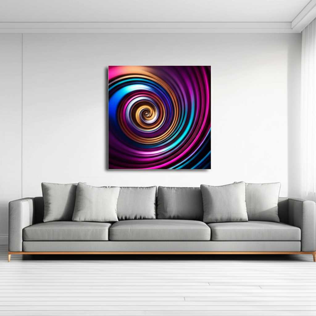 Vibrant abstract metal art in a minimalist living room, casting colorful light reflections onto the white wall.