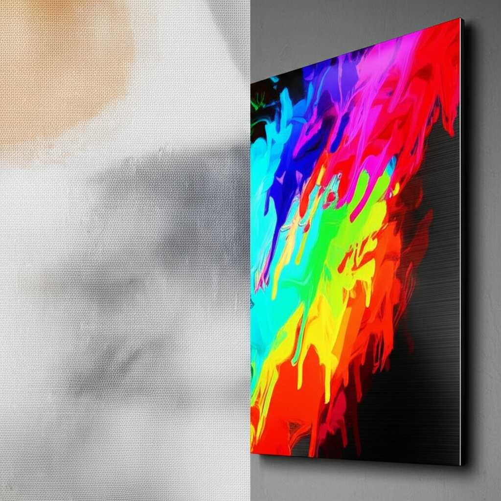 Split image: generic canvas print with soft colors on one side, sleek generic metal print with vibrant colors and texture on the other.